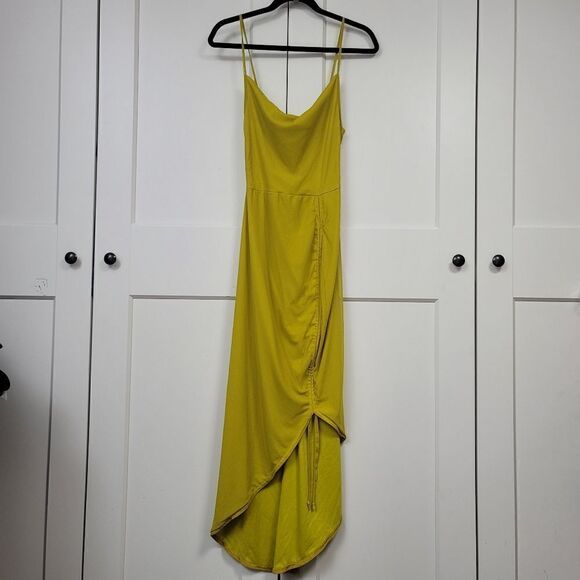 Pretty little things chartreuse mesh strappy cowl neck ruched skirt midi dress - Picture 6 of 12